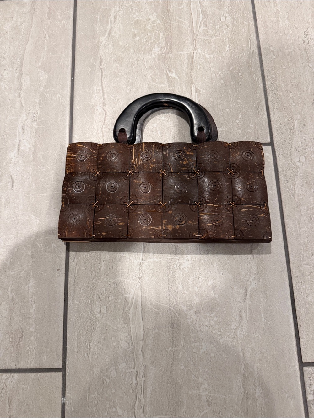 Brown Woven Leather Handbag with Wooden Handles